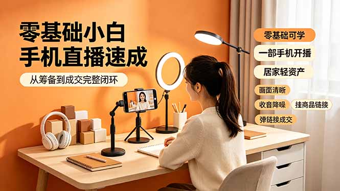 零基础小白手机直播速成，从筹备到成交完整闭环，适配苹果安卓系统，解决杂音卡顿留人难问题-聚业