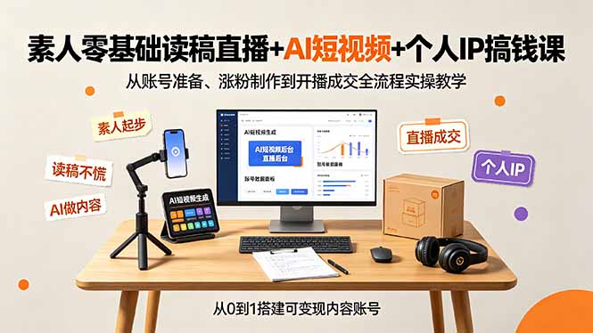 素人零基础读稿直播+AI短视频+个人IP搞钱课，从账号准备、涨粉制作到开播成交全流程实操教学-聚业