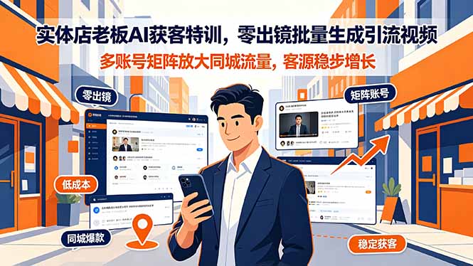 实体店老板AI获客特训,零出镜批量生成引流视频,多账号矩阵放大同城流量,客源稳步增长-聚业