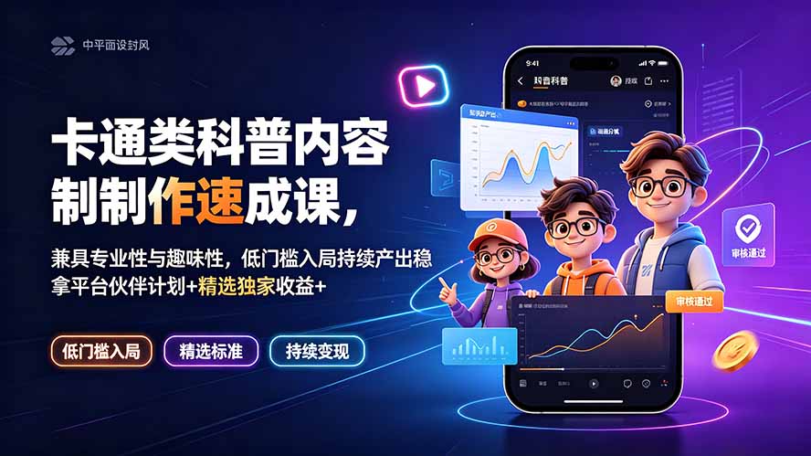 卡通类科普内容制作速成课,兼具专业性与趣味性,低门槛入局持续产出稳拿平台伙伴计划+精选独家收益-聚业