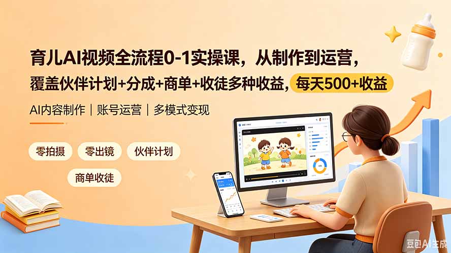 育儿AI视频全流程0-1实操课,从制作到运营,覆盖伙伴计划+分成+商单+收徒多种收益,每天500+收益-聚业