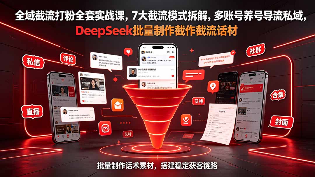 全域截流打粉全套实战课,7大截流模式拆解,多账号养号导流私域,DeepSeek批量制作截流话术素材-聚业