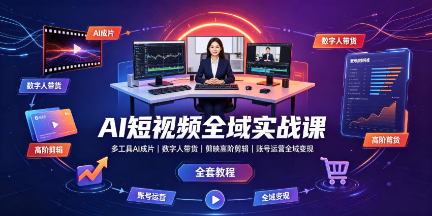 AI短视频全域实战课|多工具AI成片、数字人带货、剪映高阶剪辑、账号运营全域变现全套教程-聚业