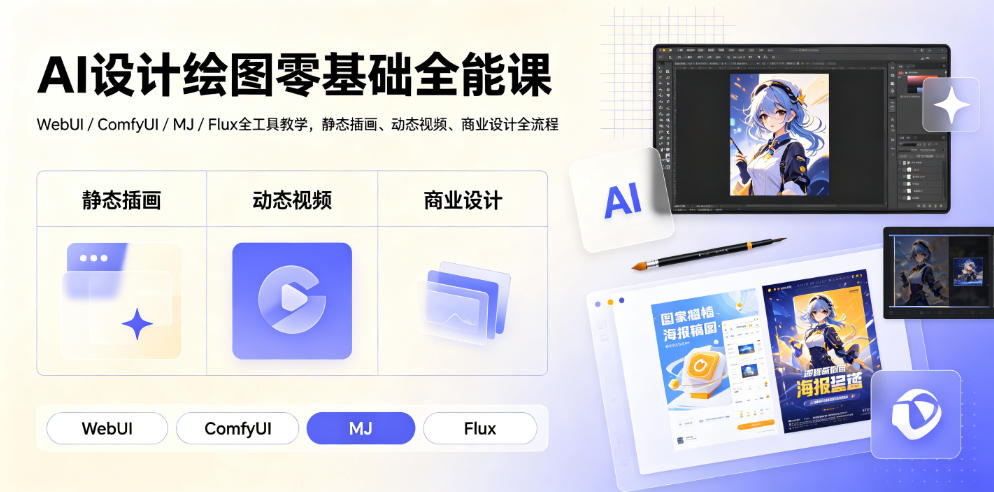 AI设计绘图零基础全能课|WebUI/ComfyUI/MJ/Flux全工具教学,静态插画、动态视频、商业设计全流程-聚业