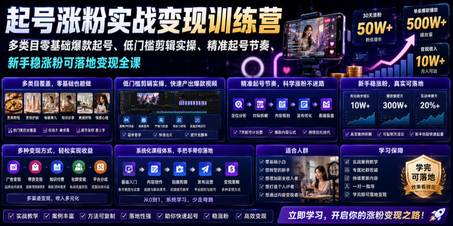 苗子起号涨粉实战变现训练营,多类目零基础爆款起号、精准起号节奏、新手稳涨粉可落地变现全课-聚业