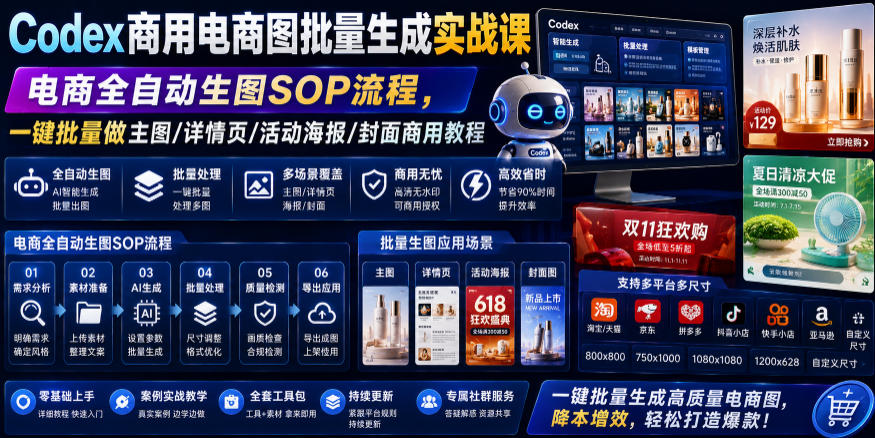 Codex商用电商图批量生成实战课|电商全自动生图SOP流程,一键批量做主图/详情页/活动海报/封面商用教程-聚业