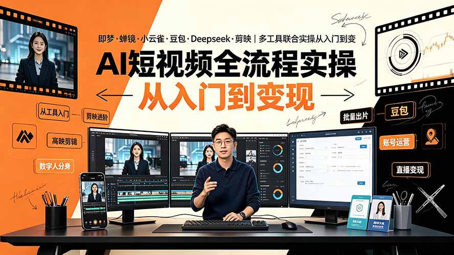AI短视频全流程实操：即梦·蝉镜·小云雀·豆包·Deepseek·剪映｜多工具联合实操从入门到变现-聚业