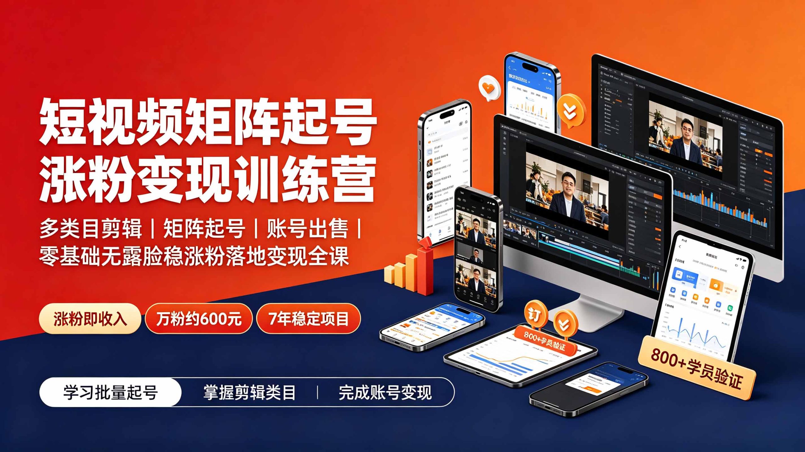 短视频矩阵起号涨粉变现训练营｜多类目剪辑·矩阵起号·账号出售，零基础无露脸稳涨粉落地变现全课-聚业