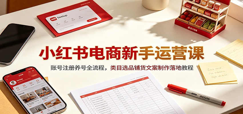 小红书电商新手运营课：账号注册养号全流程，类目选品铺货文案制作落地教程-聚业