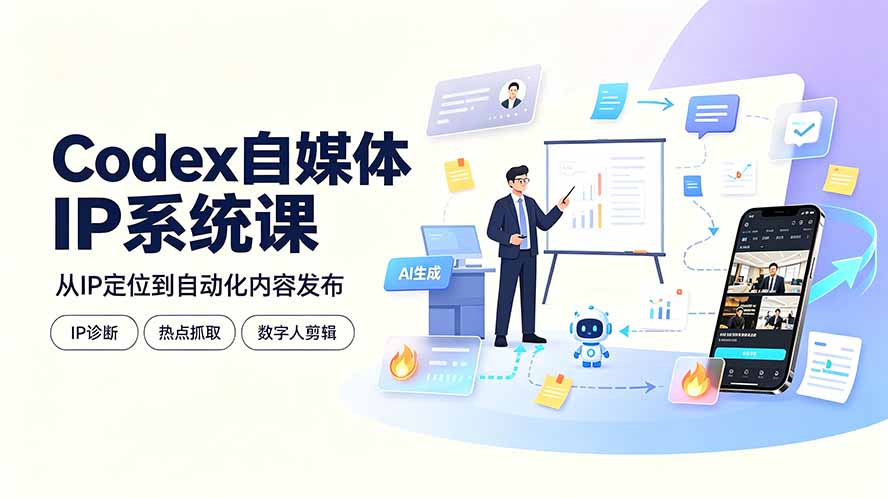 Codex自媒体IP系统课：IP诊断/热点抓取/IP蒸馏 Skill，爆款复刻数字人多平台自动发布教程-聚业
