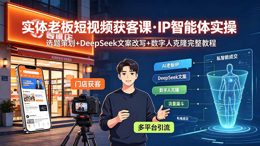 实体老板短视频获客课·IP智能体实操｜选题策划+DeepSeek文案改写+数字人克隆完整教程-聚业