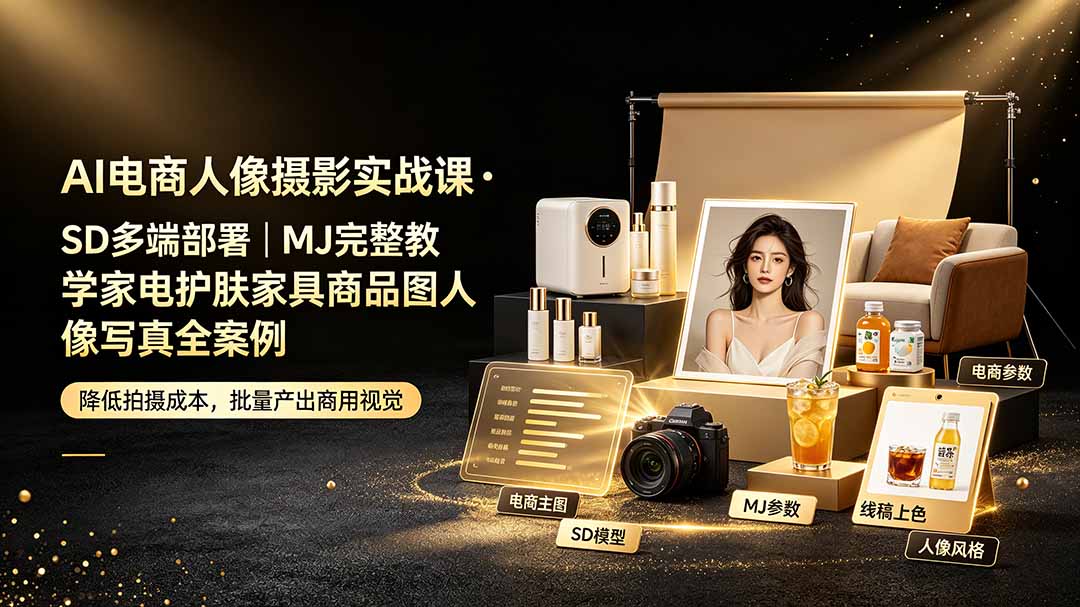 AI电商人像摄影实战课·SD多端部署｜MJ完整教学｜家电护肤家具商品图人像写真全案例-聚业