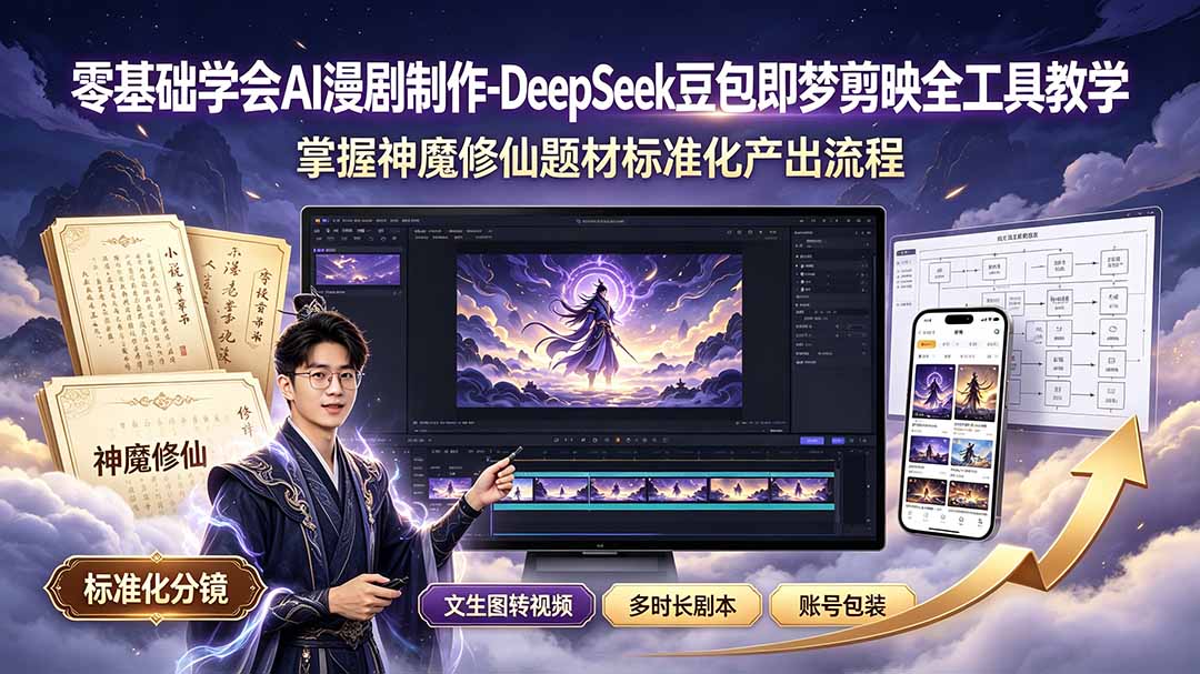 零基础学会AI漫剧制作-DeepSeek豆包即梦剪映全工具教学，掌握神魔修仙题材标准化产出流程-聚业