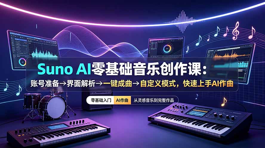 Suno AI零基础音乐创作课：账号准备→界面解析→一键成曲→自定义模式，快速上手AI作曲-聚业
