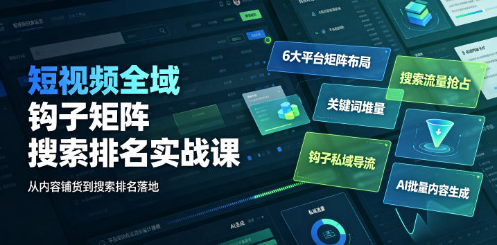 短视频全域钩子矩阵搜索排名实战课｜6大平台矩阵布局、关键词堆量抢占搜索流量、钩子私域导流、AI批量内容生成-聚业