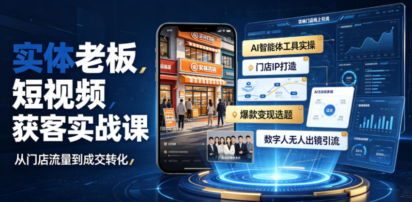 实体老板短视频获客实战课|AI智能体工具全套实操、门店IP打造、爆款变现选题、数字人无人出镜引流完整教程-聚业