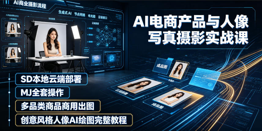 AI电商产品与人像写真摄影实战课|SD本地云端部署、MJ全套操作、多品类商品商用出图、创意风格人像AI绘图完整教程-聚业