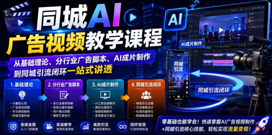同城AI广告视频教学课程,从基础理论、分行业广告脚本、AI成片制作到同城引流闭环一站式讲透-聚业