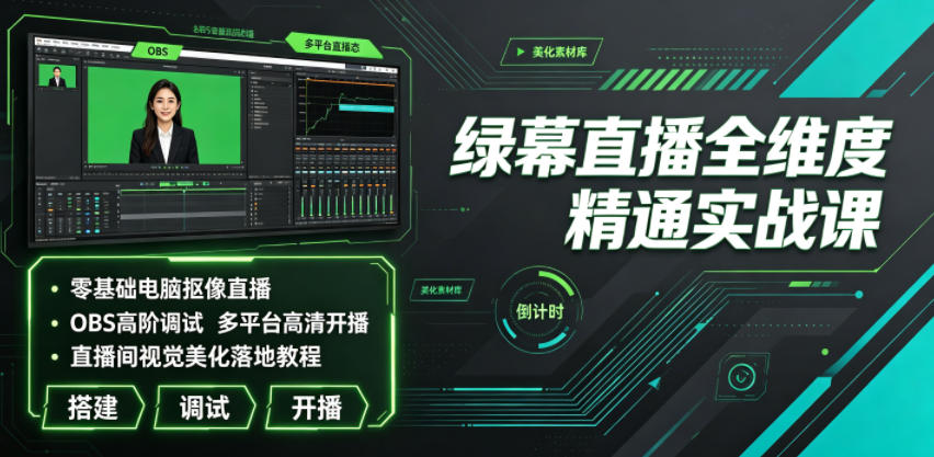 绿幕直播全维度精通实战课|零基础电脑抠像直播、OBS高阶调试、多平台高清开播、直播间视觉美化落地教程-聚业
