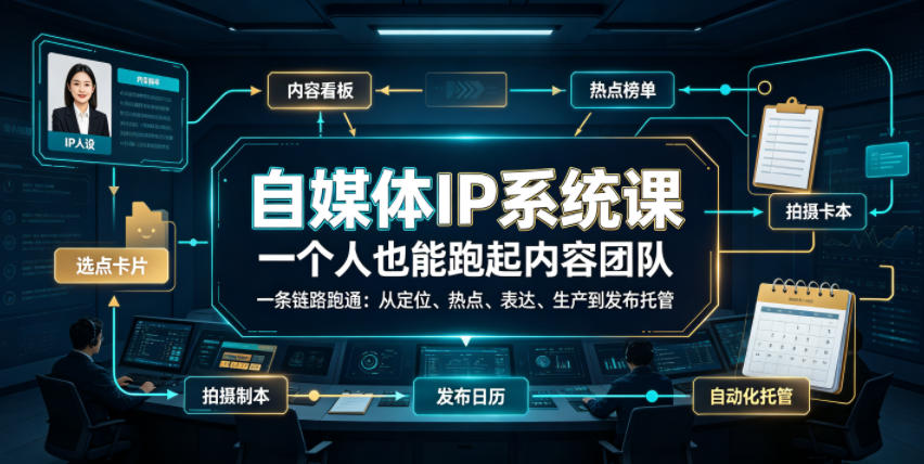 自媒体IP系统课,一个人也能跑起内容团队,一条链路跑通,从定位、热点、表达、生产到发布托管-聚业