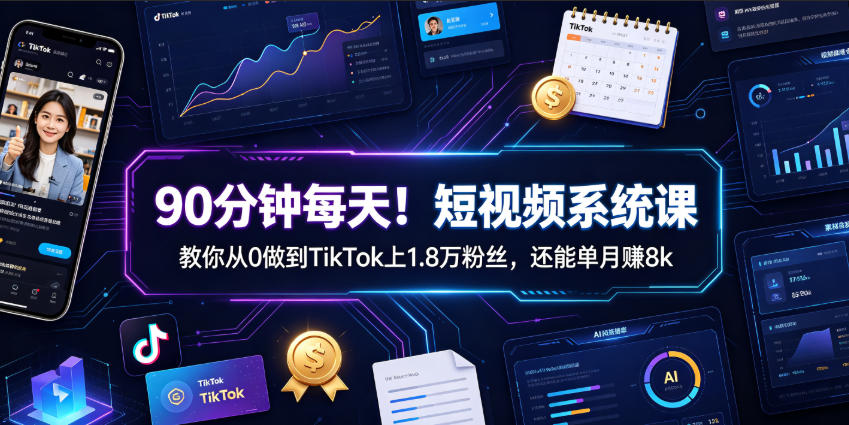90分钟每天！短视频系统课教你从0做到TikTok上1.8万粉丝，还能单月賺8k【原创双语字幕】-聚业