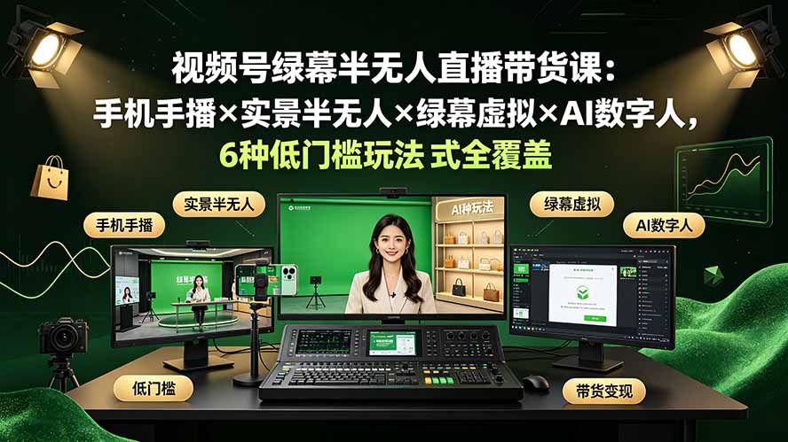 视频号绿幕半无人直播带货课：手机手播×实景半无人×绿幕虚拟×AI数字人，6种低门槛玩法全覆盖-聚业