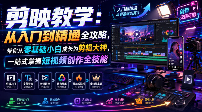 剪映教学：从入门到精通全攻略，带你从零基础小白成长为剪辑大神，一站式掌握短视频创作全技能-聚业