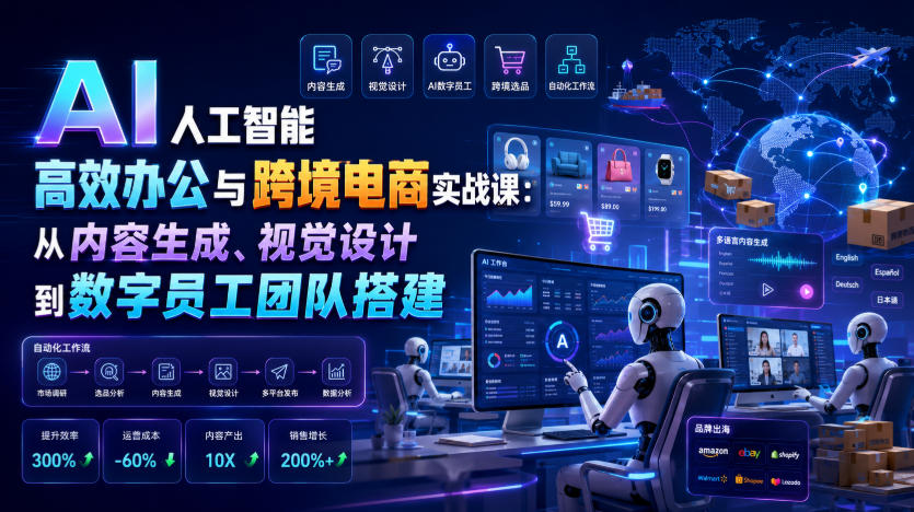 AI人工智能高效办公与跨境电商实战课：从内容生成、视觉设计到数字员工团队搭建-聚业