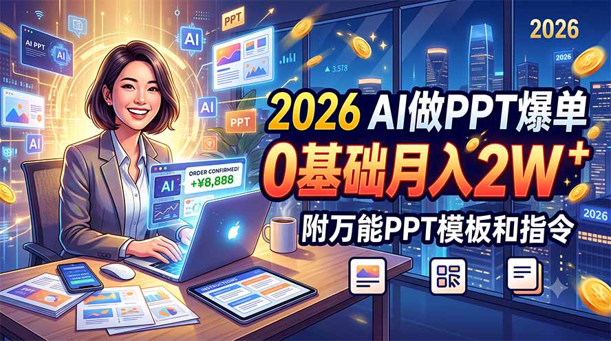 2026 AI做PPT爆单，0基础月入2W，附万能PPT模板和指令-聚业