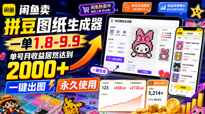 闲鱼卖拼豆图纸生成器，一单1.8-9.9，单号月收益居然达到2000+一键出图永久使用-聚业
