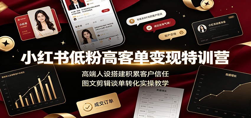 小红书低粉高客单变现特训营：高端人设搭建积累客户信任，图文剪辑谈单转化实操教学-聚业
