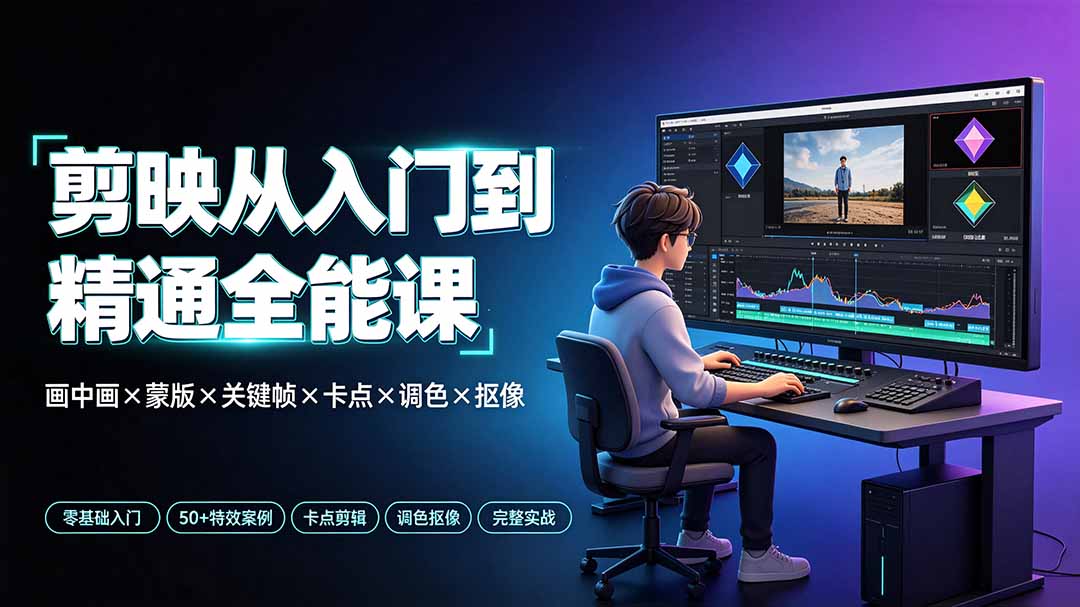 剪映从入门到精通全能课：画中画×蒙版×关键帧×卡点×调色×抠像，一站式掌握剪辑核心技能-聚业