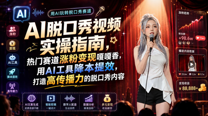 AI脱口秀视频实操指南，热门赛道涨粉变现嘎嘎香，用AI工具降本提效，打造高传播力的脱口秀内容-聚业