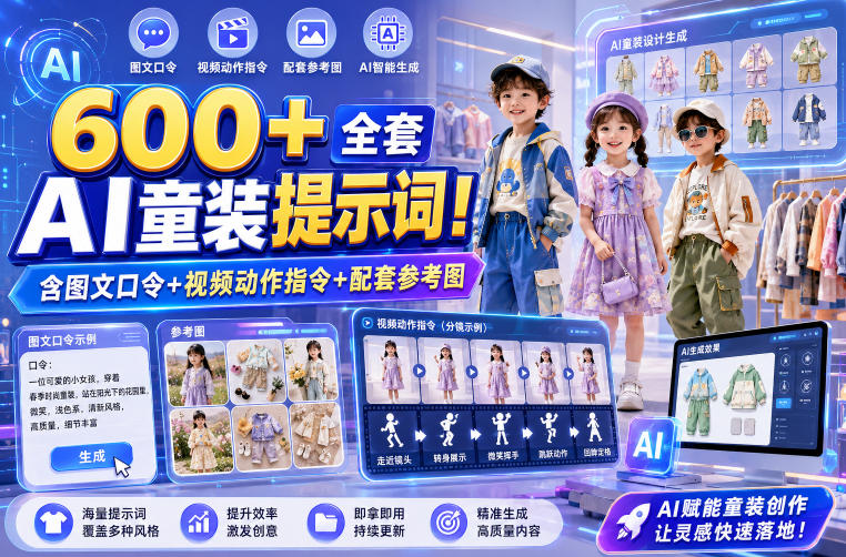 600+全套AI童装提示词！含图文口令+视频动作指令+配套参考图，Word-Excel规整分类，童装电商、种草无脑量产内容！-聚业