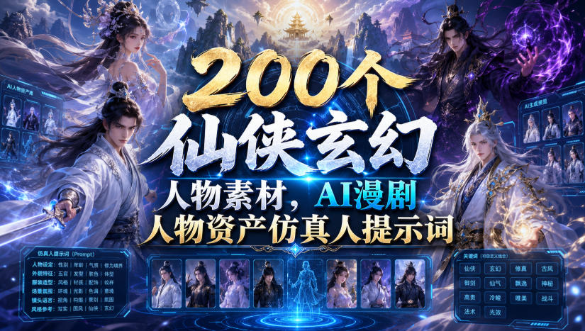 200个仙侠玄幻人物素材，AI漫剧人物资产仿真人提示词-聚业