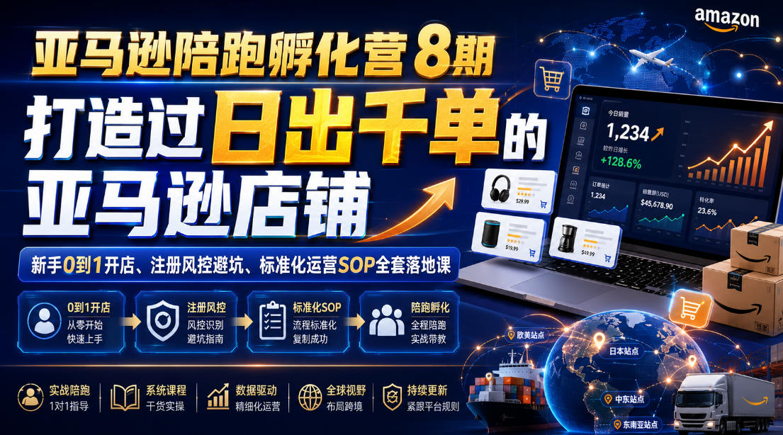 亚马逊陪跑孵化营8期，打造过日出千单的亚马逊店铺，新手0到1开店、注册风控避坑、标准化运营SOP全套落地课-聚业