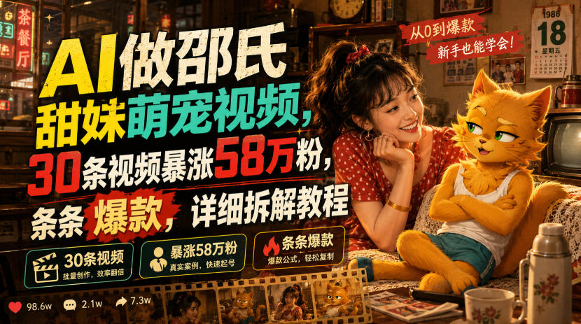 AI做邵氏甜妹萌宠视频，30条视频暴涨58万粉，条条爆款，详细拆解教程-聚业