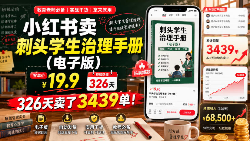 小红书卖刺头学生治理手册(电子版)，客单价19.9，326天卖了3439单！-聚业
