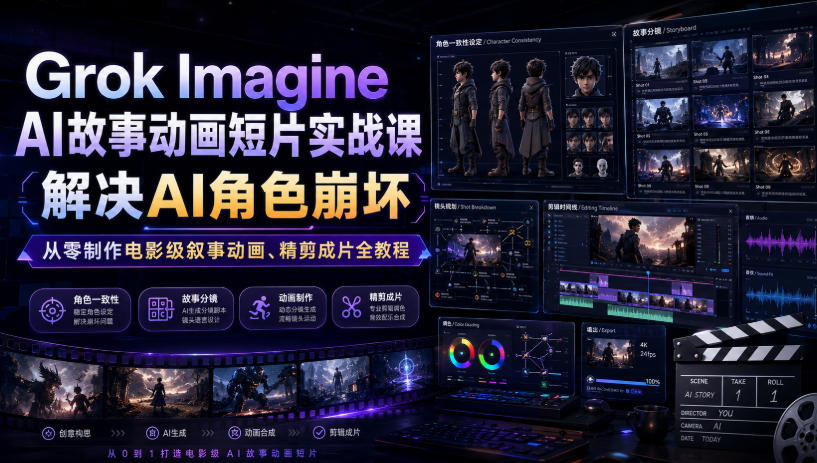 Grok Imagine AI故事动画短片实战课｜解决AI角色崩坏，从零制作电影级叙事动画、精剪成片全教程(中英字幕)-聚业