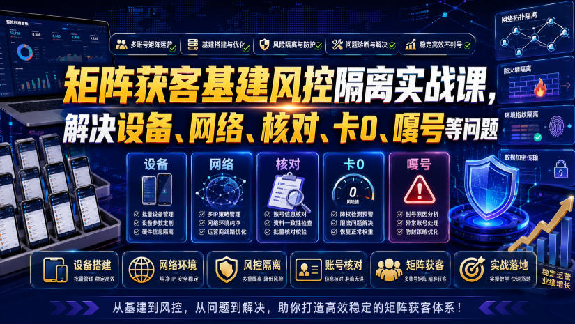 矩阵获客基建风控隔离实战课,解决设备、网络、核对、卡0、嘎号等问题-聚业