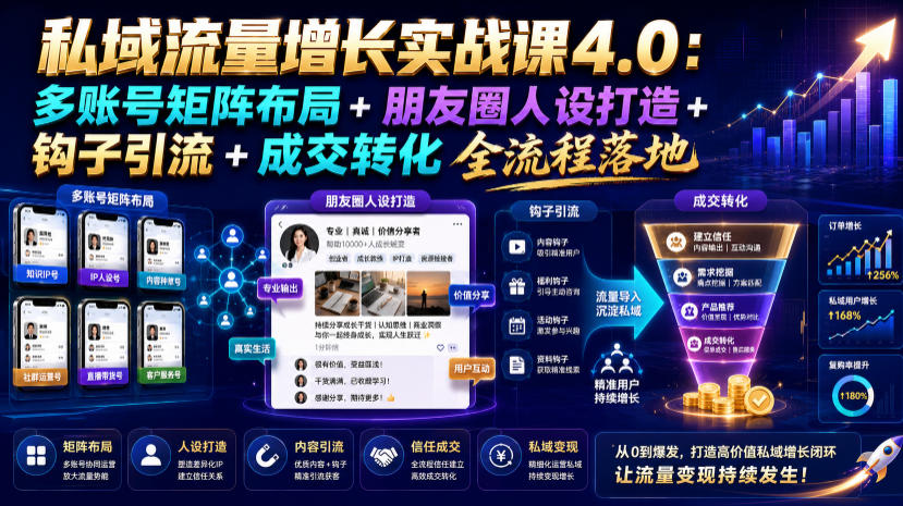 私域流量增长实战课4.0:多账号矩阵布局+朋友圈人设打造+钩子引流+成交转化全流程落地-聚业