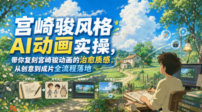 宫崎骏风格AI动画实操,带你复刻宫崎骏动画的治愈质感,从创意到成片全流程落地-聚业