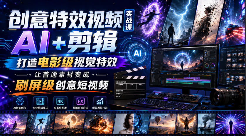 创意特效视频实战课,AI+剪辑打造电影级视觉特效,让普通素材变成刷屏级创意短视频-聚业