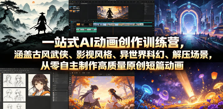 一站式AI动画创作训练营,涵盖古风武侠、影视风格、异世界科幻、解压场景,从零自主制作高质量原创短篇动画(更新)-聚业