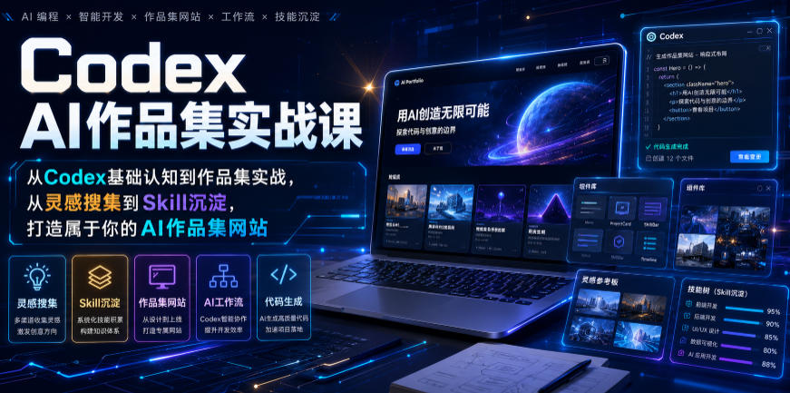 Codex AI作品集实战课,从Codex基础认知到作品集实战,从灵感搜集到Skill沉淀,打造属于你的AI作品集网站-聚业