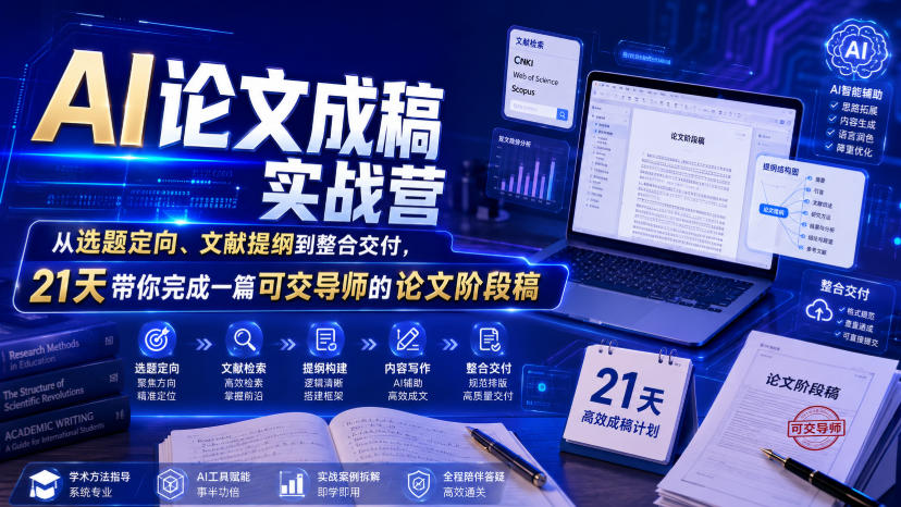 AI论文成稿实战营,从选题定向、文献提纲到整合交付,21天带你完成一篇可交导师的论文阶段稿-聚业