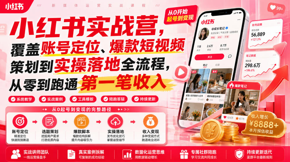 小红书实战营,覆盖账号定位、爆款短视频策划到实操落地全流程,从零到跑通第一笔收入-聚业