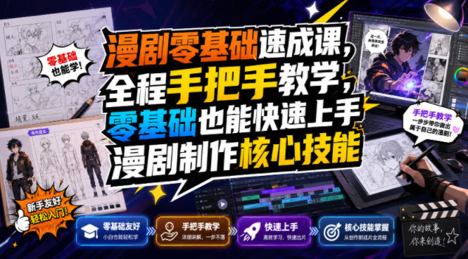 漫剧零基础速成课,全程手把手教学,零基础也能快速上手漫剧制作核心技能-聚业