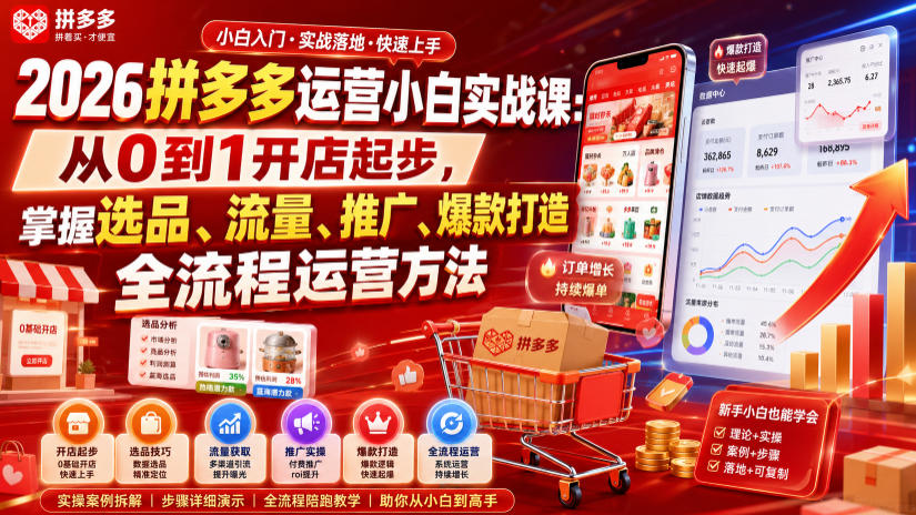 2026拼多多运营小白实战课:从0到1开店起步,掌握选品、流量、推广、爆款打造全流程运营方法-聚业