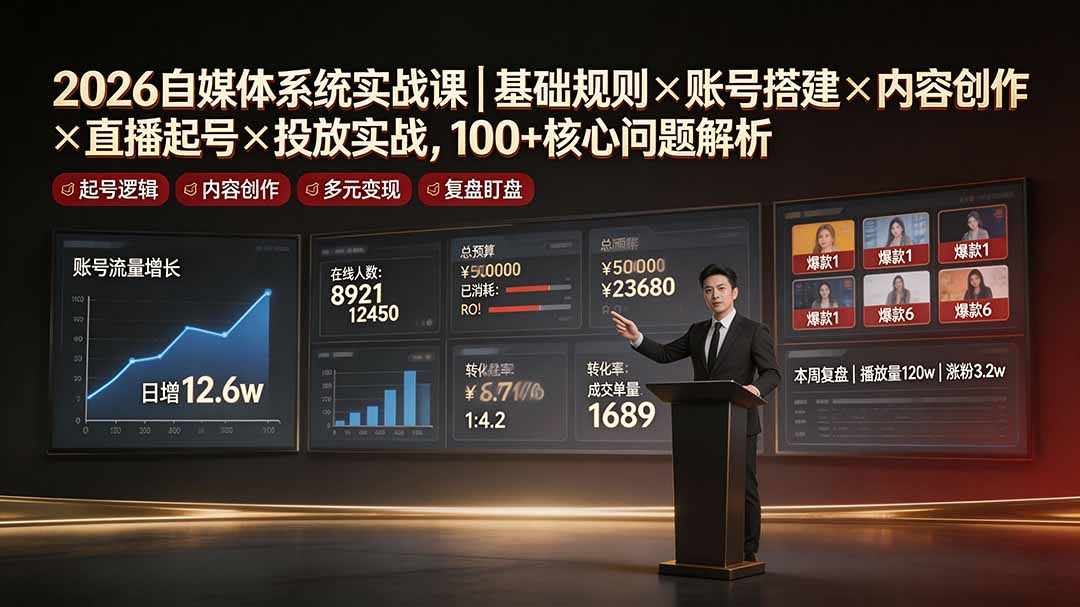 2026自媒体系统实战课|基础规则×账号搭建×内容创作×直播起号×投放实战,100+核心问题解析-聚业